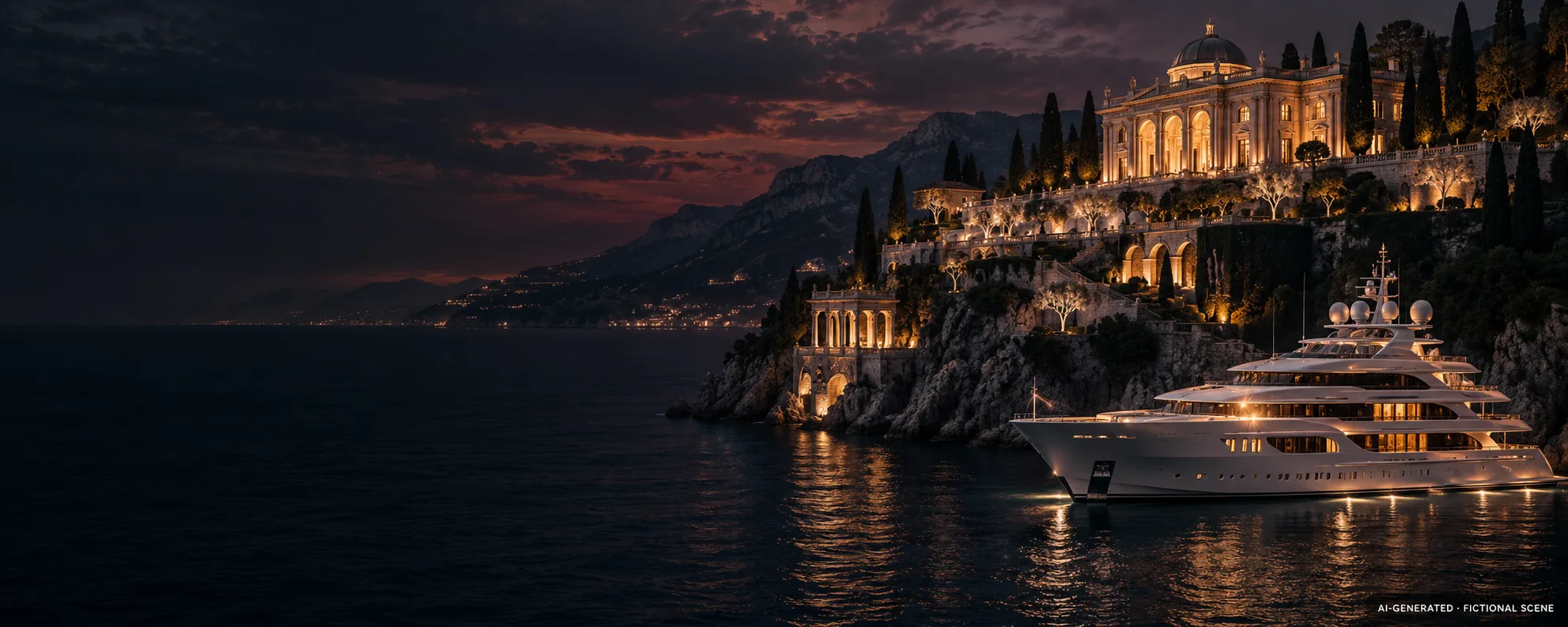 AI-generated fictional palatial coastal estate and superyacht at twilight
