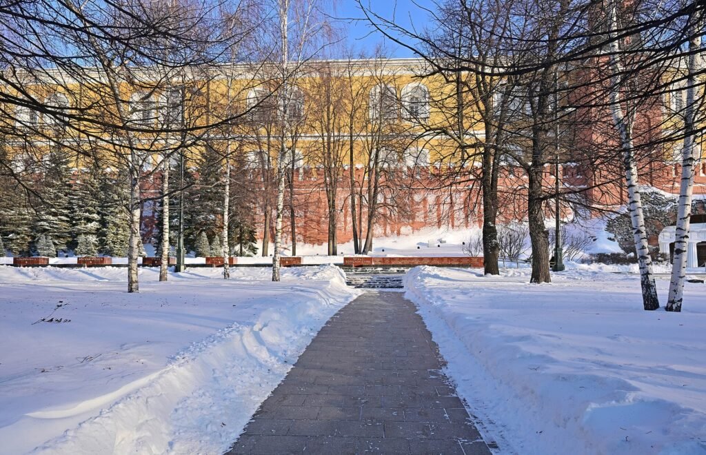 Snow-covered path in the Alexander Garden by the Kremlin wall, Moscow