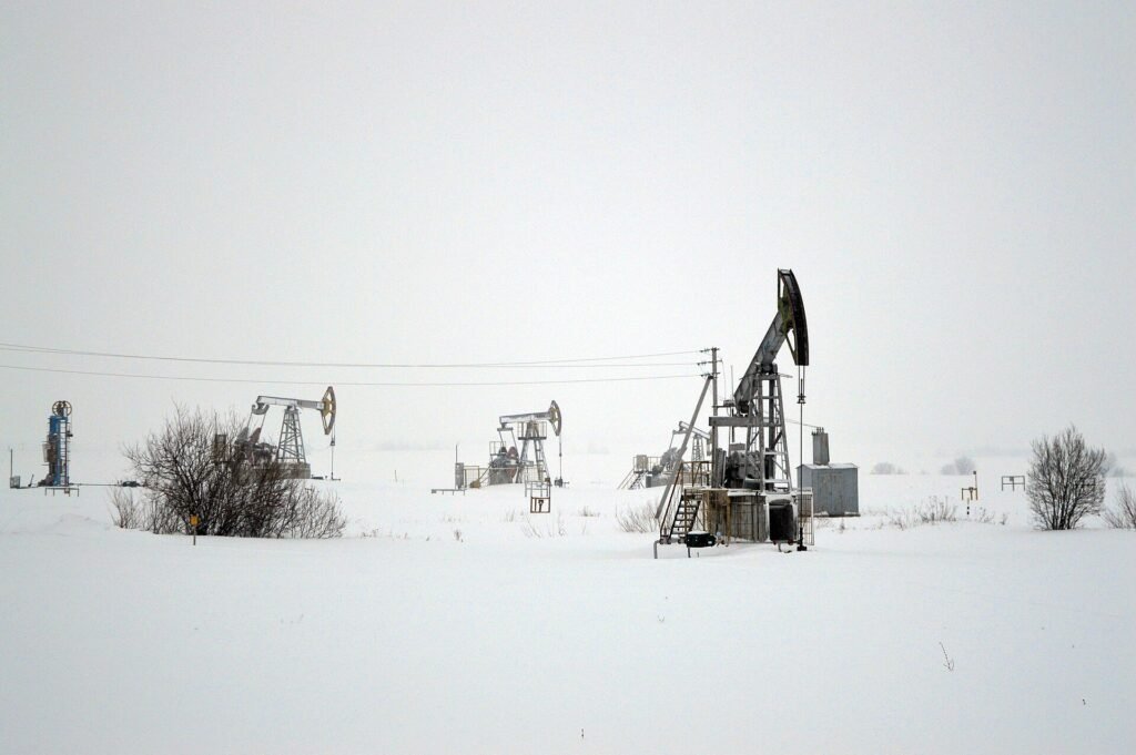 Oil pumpjacks in the snow near Nizhnekamsk, Tatarstan