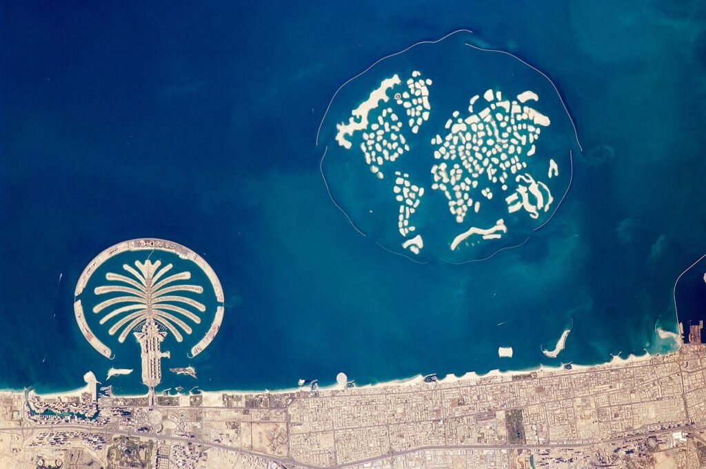 Palm Jumeirah and The World islands off Dubai, seen from the International Space Station