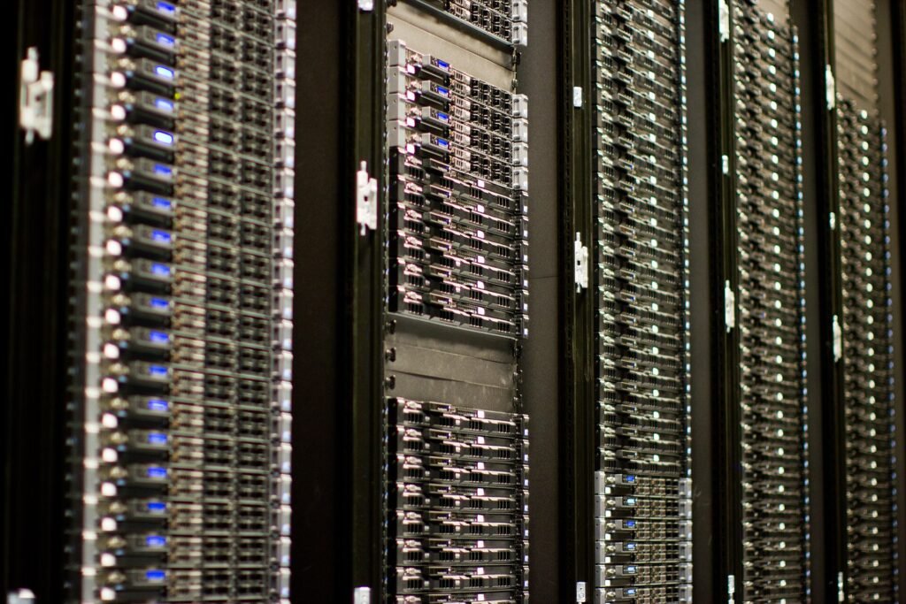 Rows of server racks in a data centre
