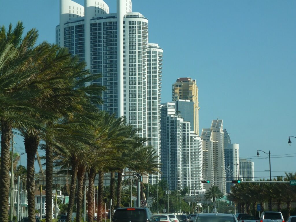 High-rise condominiums along Collins Avenue in Sunny Isles Beach, Florida